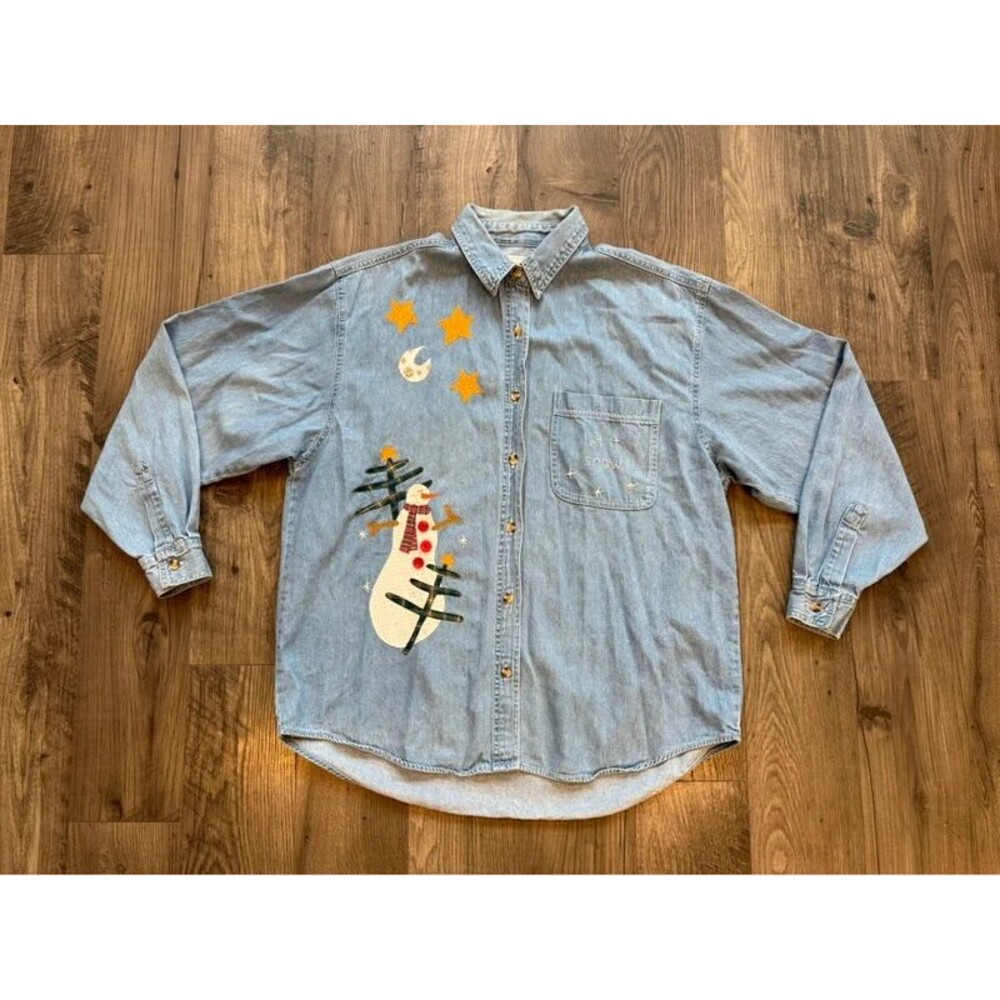 Vintage 1990s ID Blues Christmas Winter Denim Flannel Button Down Cotton Shirt